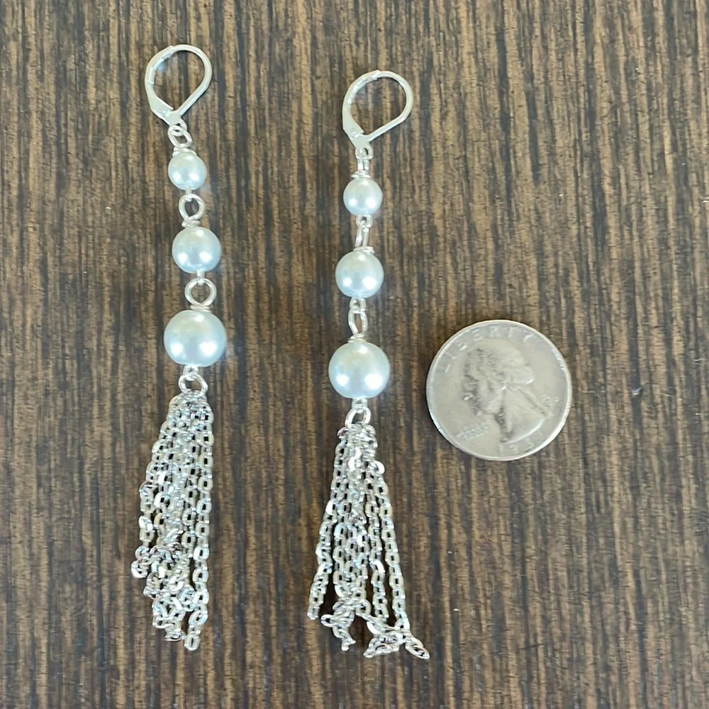 HAND CRAFTED EARRINGS Graduated White Glass Pearl Ball Drop Silver Chain Tassels